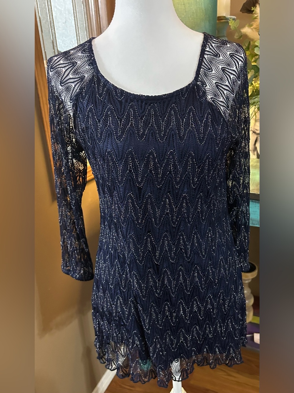 new directions Navy Metallic Lace Knit Scoop Neck Top Size S